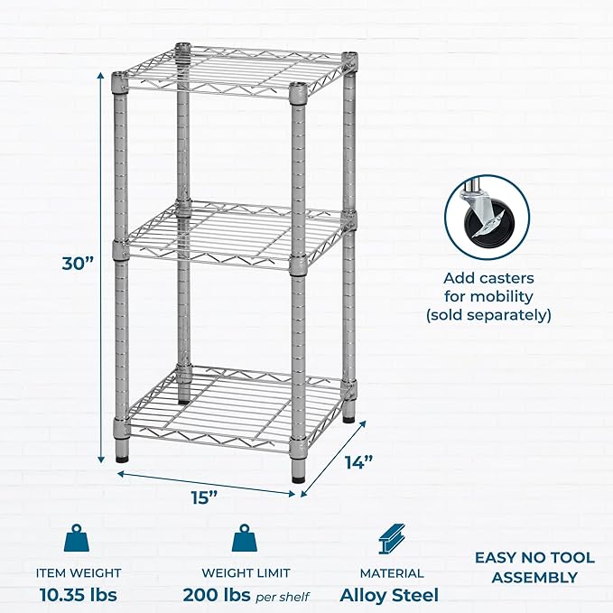 Honey-Can-Do 3-Tier Heavy Duty Adjustable Shelving Unit, 200-lb Per Shelf Stackable Modular Metal Storage Rack, Chrome Wire Shelf, 15 x 14 x 30 in
