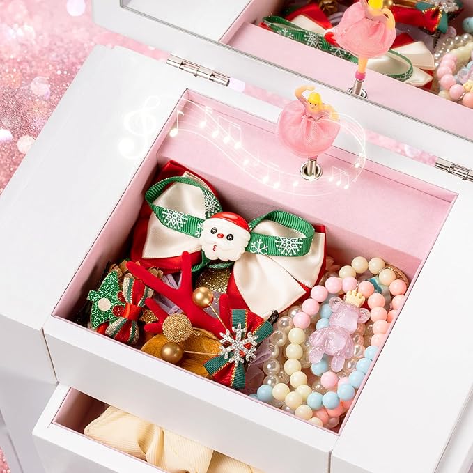 Emfogo Jewelry Box for Girls, Musical Jewelry Box with Spinning Dancer Gifts for Little Girls Christmas New Year Birthday Children's Day, 5 Layer Large Wooden Kids Music Jewelry Organizer Box(White)
