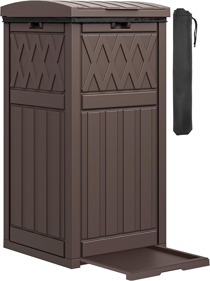 DWVO 36-Gallon Outdoor Trash Can with Fabric Bag, Tiered Lid & Drip Tray, Waterproof Resin Garbage Bin for Patio, Deck, and Backyard, Dark Brown