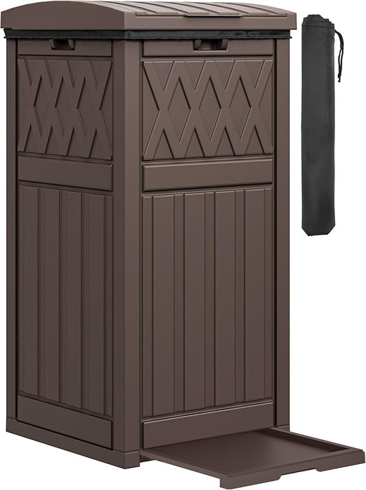 DWVO 36-Gallon Outdoor Trash Can with Fabric Bag, Tiered Lid & Drip Tray, Waterproof Resin Garbage Bin for Patio, Deck, and Backyard, Dark Brown
