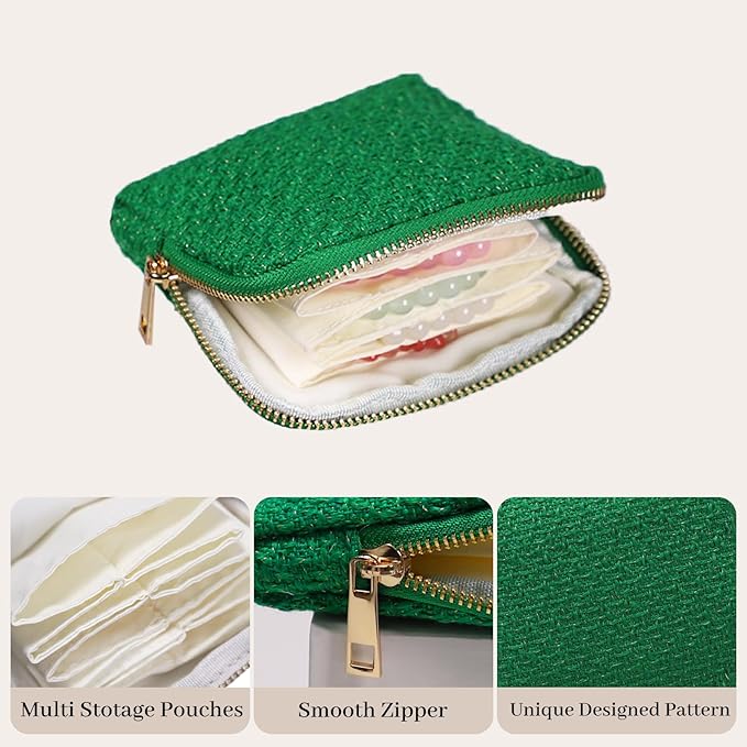 Stratalife Travel Jewelry Organizer - Portable Travel Jewelry Case for Bracelets, Bangles Crystal Storage, Necklace Ring Holder with Zipper Small Pouches Gift for Women, Green