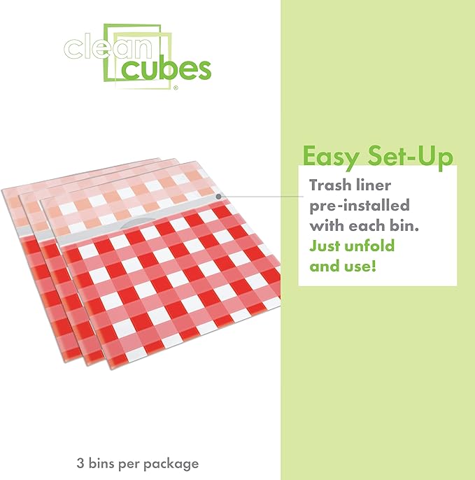 Clean Cubes 13 Gallon Disposable Pop-Up Trash Cans (3-Pack) with Fitted Bags – Foldable Garbage & Recycling Bins for Parties, Events & Kitchen (Picnic, 17" H x 13.5" W x 10" D)