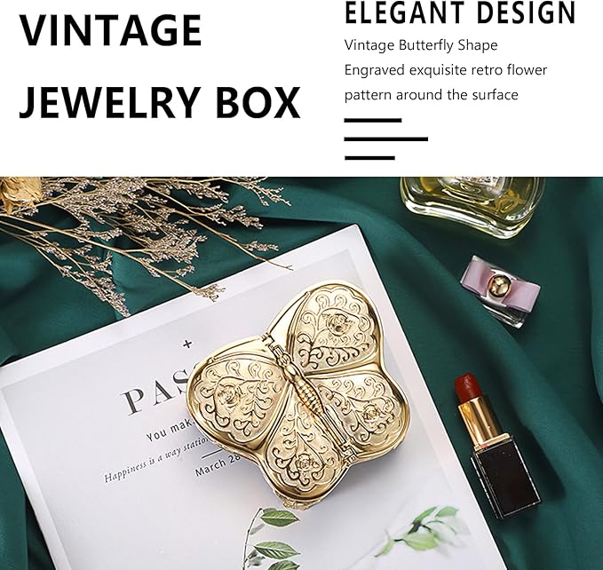 Hipiwe Decorative Jewelry Storage Box Gold Trinket Box for Necklace Ring Earrings Organizer Treasure Keepsake Holder for Women, Medium