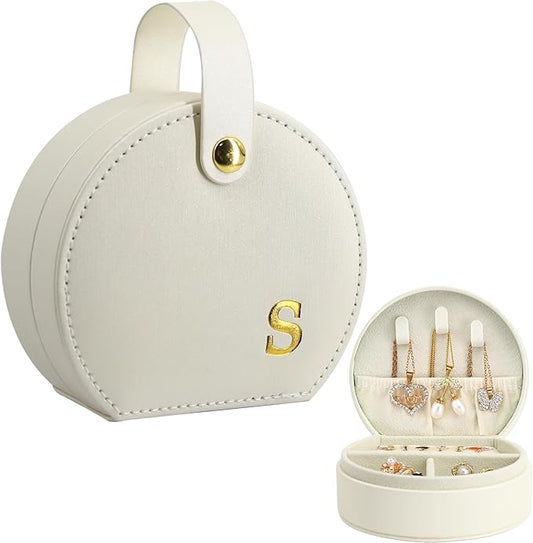 COLLECTIVE HOME - Travel Jewelry Case, Elegant Half-Moon Design with Gold Monogram, Detachable Handle, Personalized Accessory Organizer, Gift for Fashion-Forward Women and Teens (s)