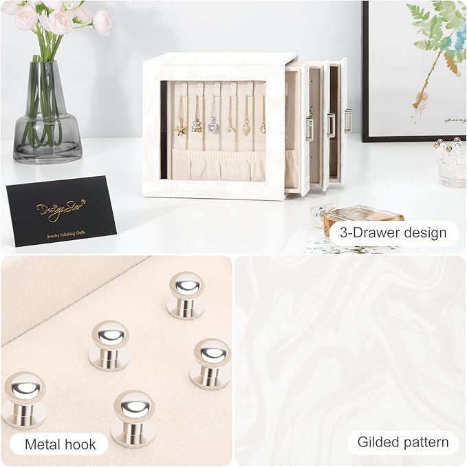 DesignSter Jewelry Box Organizer, Jewelry Box for Women, PU Jewelry Organizer Display Case with Side Drawers, Jewelry Storage for Earring Necklace Ring Bracelet Watch