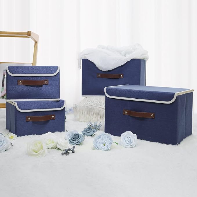 ANMINY Storage Bin with Lid Storage Boxes with PU Leather Handles PP Plastic Board Decorative Foldable Lidded Cotton Linen Fabric Home Cubes Baskets Closet Organizer Container - Blue, Medium