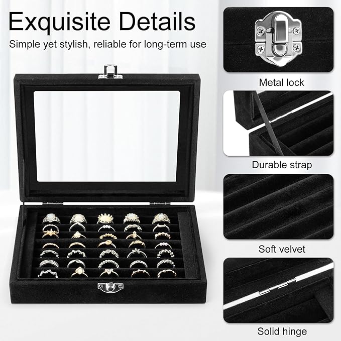Velvet Ring Organizer Box, 7 Slots Jewelry Holder with Glass Lid Earring Display Tray Storage Case Gift for Women and Girls (Black)