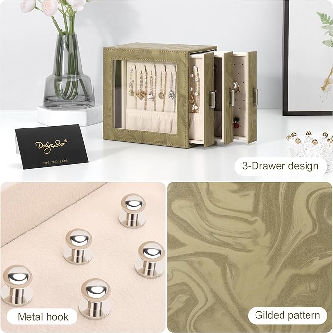 DesignSter Jewelry Box Organizer, Jewelry Box for Women, PU Jewelry Organizer Display Case with Side Drawers, Jewelry Storage for Earring Necklace Ring Bracelet Watch