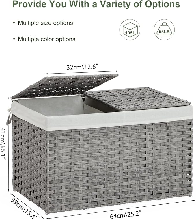 SETVSON Storage Basket with Lid Rattan Storage Basket with 2 Separate Lid, 27.8 Gallon (105 L) 25.2 * 15.4 * 16.1 Inches Woven Wicker Baskets with 2 Liners and Handles for Bedroom Laundry-Gray