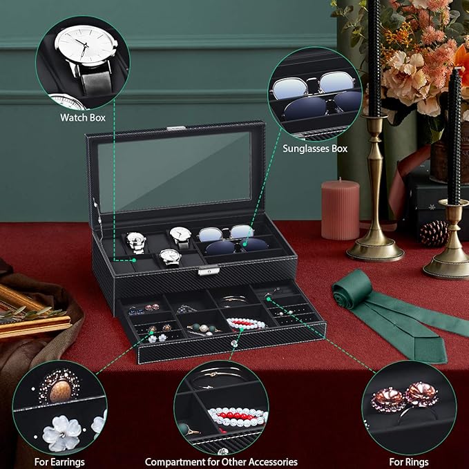 TomCare Watch Box Watch Case Watch Holder Organizer Jewelry Case Drawer Sunglasses Display Box Storage Earrings Storage Organizer Lockable with Glass Top and PU Leather for Men Women (All Black)