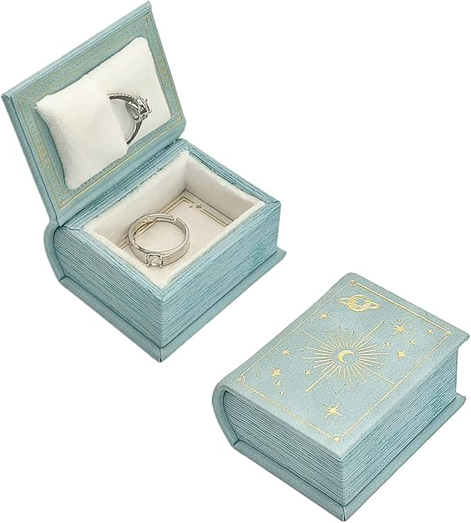 Book Shaped Ring Box - Vintage Engagement Ring Box with Hinged Lid for Proposal Engagement Wedding, Proposal Ring Case -PRB017-Blue