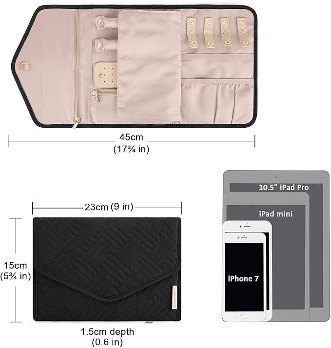 BAGSMART Travel Jewelry Organizer Roll Foldable Jewelry Case for Journey-Rings, Necklaces, Bracelets, Earrings, Black