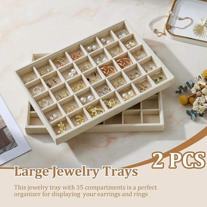 Large Velvet Jewelry Tray 2 Pack Stackable Jewelry Display Drawer Inserts Trays Organizer for Earring Bracelet Necklace Ring (Beige, 35 Grids)