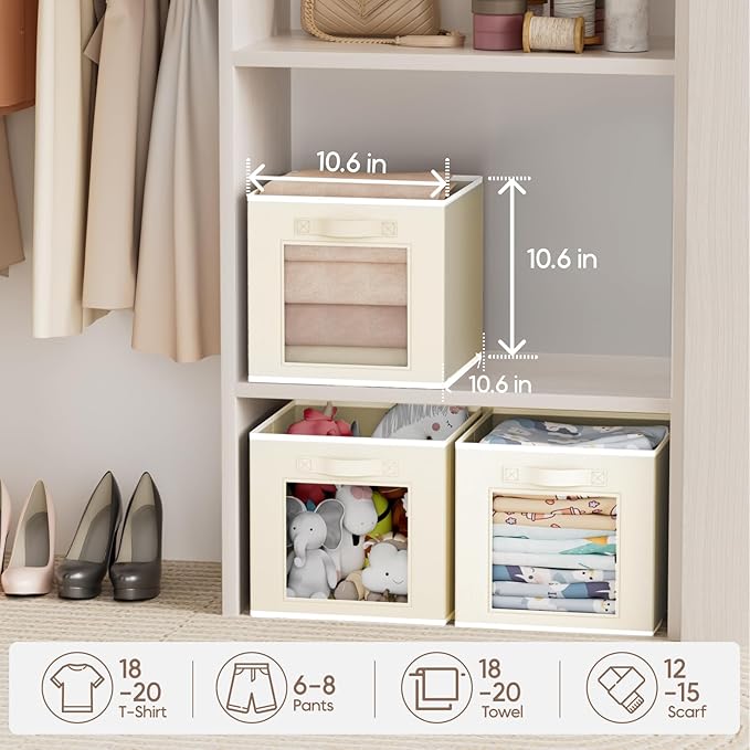 Homsorout Foldable Storage Cubes - Square Organizer with Window, Decorative Baskets for Organizing, Fabric shelf Basket for Clothes, 11 Inch Closet Storage Cubes, Set of 16, Beige
