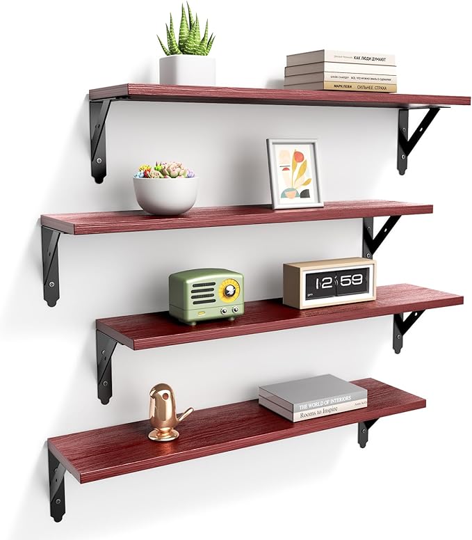 ROMGUAR CRAFT Wood Floating Shelves Set of 4, Rustic Storage Decor Wall Shelves, Wall Mounted Shelf for Living Room, Bedroom 23.6" x 6", Red