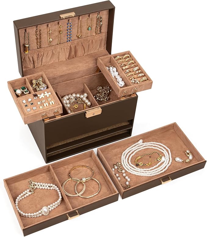 AKOZLIN Travel Jewelry Box Organizer Functional 2-trays Leather Jewelry Storage Case with Lockable Portable 2 Drawers for Women Girls Ring Necklace Earring Bracelet