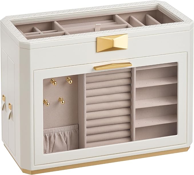 SONGMICS HOME Large Jewelry Box, Vertical Jewelry Organizer with Glass Windows, Jewelry Pouch, 4 Side Drawers, Woven Embossed PU Leather, Gift Idea, Cloud White UJBC203W01