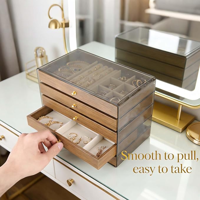 Wooden Jewelry Box Organizers and Storage for Girls Women 5 Drawers Multi-Layer Storage Case for Rings Earrings Necklaces Bracelets Vintage Box