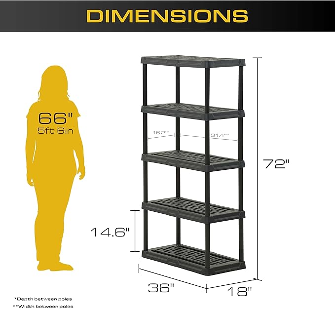 CENTREX CX 5-Tier (72”H x 36”W x 18”D) Plastic Storage Shelving Unit (Black), Heavy Duty, 150lbs Per Shelf Capacity, Indoor/Outdoor Storage and Organization in Home, Garage, Office with Easy Assembly