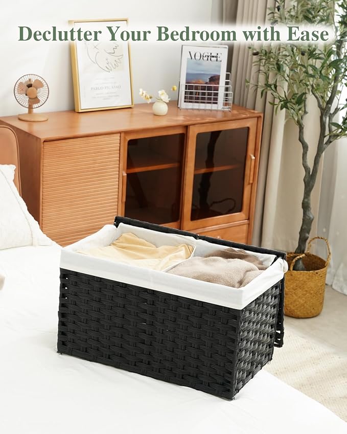 SETVSON Storage Basket with Lid Rattan Woven Storage Baskets with 2 Separate Lids, 17.2 Gallon (65 L), Wicker Storage Bins Foldable, 2 Removable Liner Bags Handles for Bedroom, Laundry Room Black