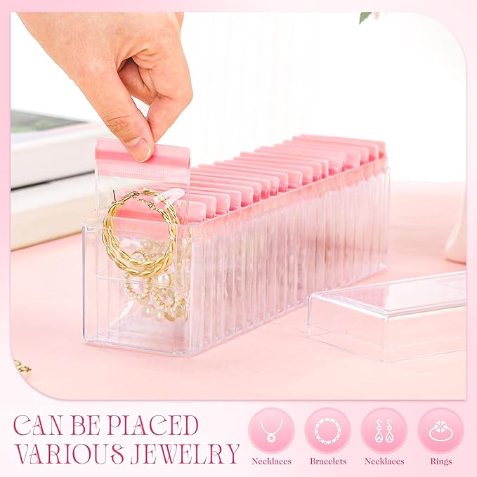 Kenning 21 Pcs Acrylic Jewelry Case Organizer, Clear Jewelry Organizers Holder with Portable Anti Tarnish Storage Bags for Rings, Earrings, Necklaces, Ideal Gifts for Women (Pink)