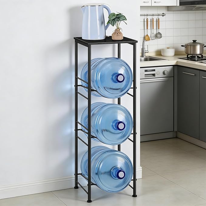OYEAL Water Jug Holder Stand 5 Gallon Water Bottle Holder Organizer with Shelf, Heavy Duty 3 Tier Water Bottle Storage Rack for Kitchen, Office, Living Room, Black
