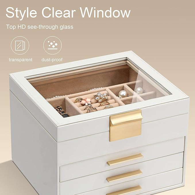 Somduy Jewelry Box Organizer for Women,4 Layers Jewelry Storage Display Box with Glass Lid,Gift for Christmas,3 Drawers,Large Capacity for Necklace Earrings Bracelets Rings,White