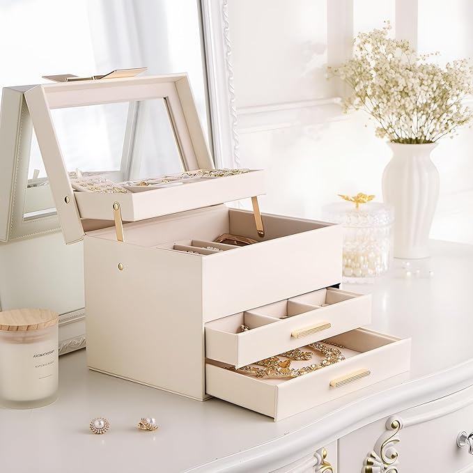 Lolalet Jewelry Box, Clear Window Jewelry Organizer with Drawer for Earrings Bracelets Necklaces Rings, Jewelry Storage for Women -White, 4 Layers