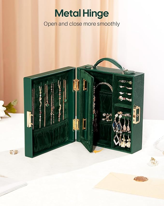 Enthralite Large Travel Jewelry Case: Portable Necklace Box with Mirror - PU Leather & Velvet Lined Jewelry Organizer for Ring Earring Bangle Bracelets Watch - Birthday Gift for Her