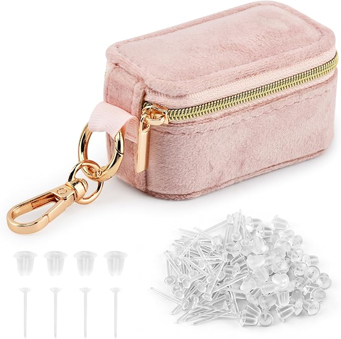 Velvet Mini Travel Jewelry Case, 2 in 1 Ring Holder Keychain + 50 Plastic Earrings, Portable Small Jewelry Organizer for Women, Travel/Gym/Wedding/Bridesmaid Gift