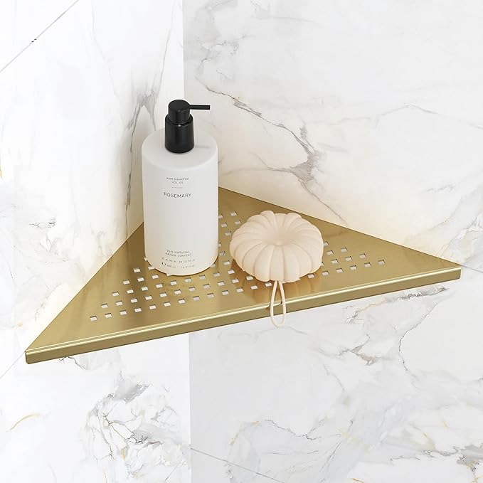 Qeke Bathroom Corner Shelf, Recessed 10" Shower Shelf Caddy, SUS304 Stainless Steel Shelf Wall Mount Triangular, No Drilling, Brushed Golden