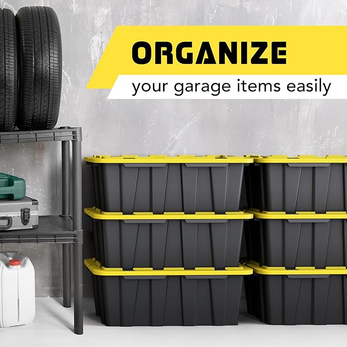 8 PACK Medium Black & Yellow Storage Bins | Plastic Tote Organizing Container with Secure Latching Lids, Stackable, Extra Strength with Built in Handle | Black and Yellow Bins | 24.5" x 16.5" x 9"