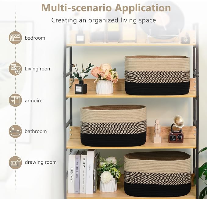 ECDYQXVU Cotton Rope Storage Basket, 15x10x9 Inches, Woven Basket for Shelves, Clothes, Towels, Books, and Laundry, Gradient Black/Brown (1 Pack)