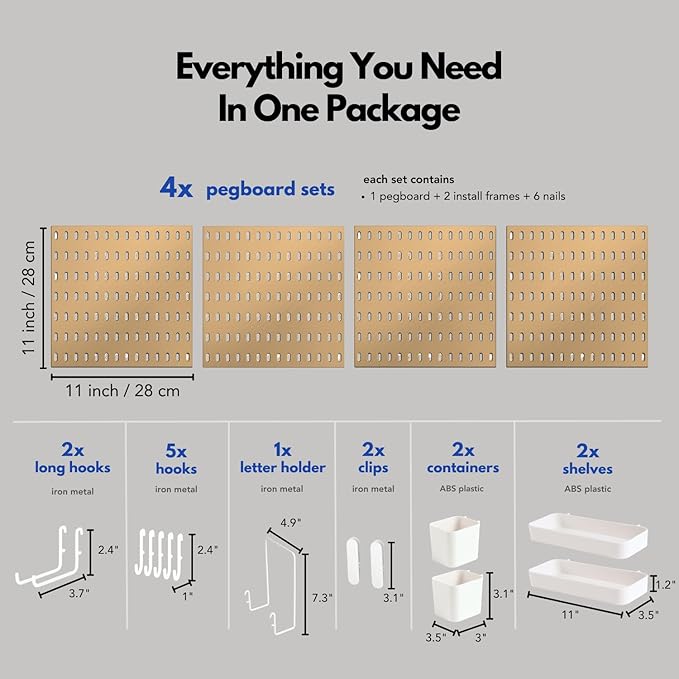 Keepo Peg Board Wall Organizer – Plastic Pegboard Panels, Modular Peg Board Storage System for Home Office, Craft Room, Gaming Setup (Tan Brown, 22″×22″)