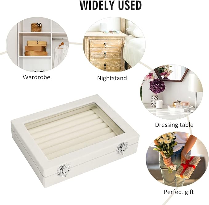 Vicoter Rings Organizer Tray 7 Slots Velvet Jewelry Earring Storage Box with Transparent lid Jewelry Display Case for Girls Wife Mom Women (Beige)