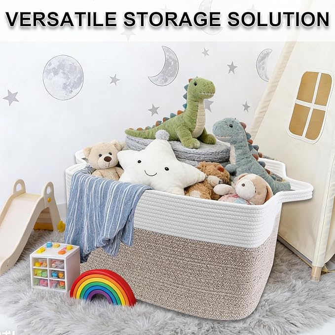 96L Large Blanket Basket,24"x16"x15"Rectangle Storage Bin with Handles,Woven Rope Laundry Basket for Toys, Clothes,Magazines,Home Organization,Nursery,Living Room & Bedroom,White & Brown