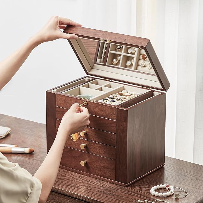 CHOSIN Black Walnut Wooden Jewelry Box for Women with Mirror, 5 Drawers and 2 Side Doors for Watches, Necklaces, Rings, Earrings Storage, Mothers Day Gifts for Mom