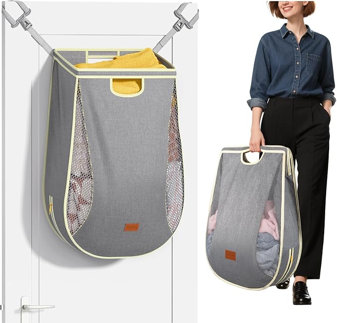 Ligereza Large Capacity Hanging Laundry Hamper Bag,Portable Over The Door Laundry Basket,Breathable Clothes Hamper,for Dormitory/Bathroom/RV Camping 14.5 x 8.6 x 25.5 in (Gray)