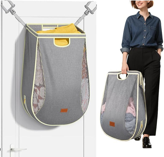Ligereza Large Capacity Hanging Laundry Hamper Bag,Portable Over The Door Laundry Basket,Breathable Clothes Hamper,for Dormitory/Bathroom/RV Camping 14.5 x 8.6 x 25.5 in (Gray)
