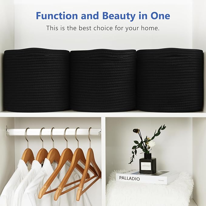 ECDYQXVU Cotton Rope Storage Basket, 15x10x9 Inches, Woven Basket for Shelves, Clothes, Towels, Books, and Laundry, Black (1 Pack)
