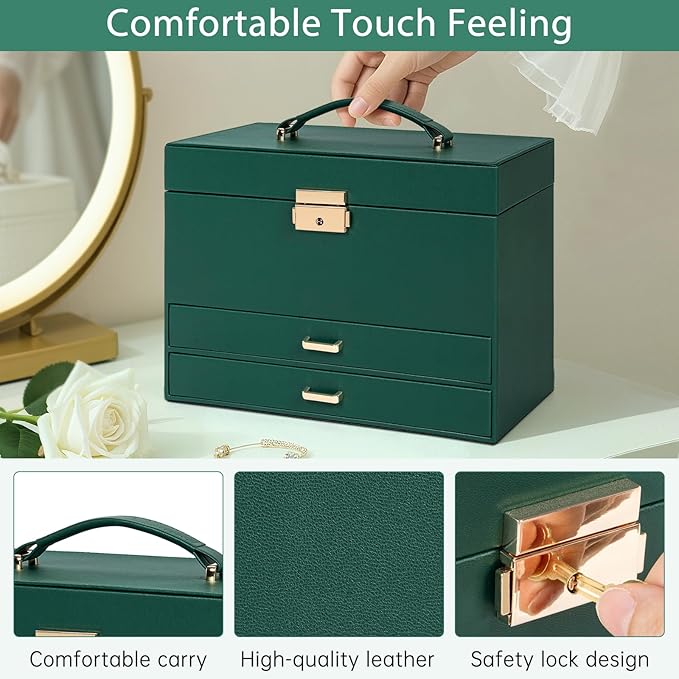 AKOZLIN Travel Jewelry Box Organizer Functional 2-trays Leather Jewelry Storage Case with Lockable Portable 2 Drawers for Women Girls Ring Necklace Earring Bracelet