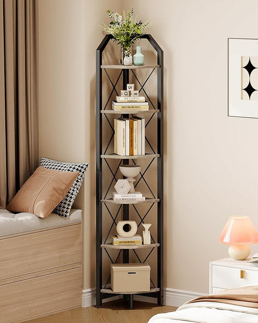 CHOEZON 6-Tier Corner Shelf, Industrial Corner Bookshelf, 71.2" Corner Storage Stand, Plant Stand Display Shelf, Corner Bookcase for Bedroom, Living Room, Home Office, Greige and Black TCJ11BG