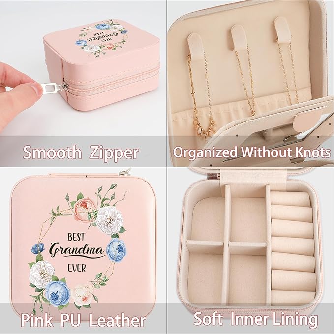 Grandma Gifts Best Grandma Ever Jewelry Box Valentines Mothers Day Christmas Birthday Gifts for Grandmas Granny Nana Mimi Gigi Grandmother Gift Pink Portable Travel Jewelry Case Organizer