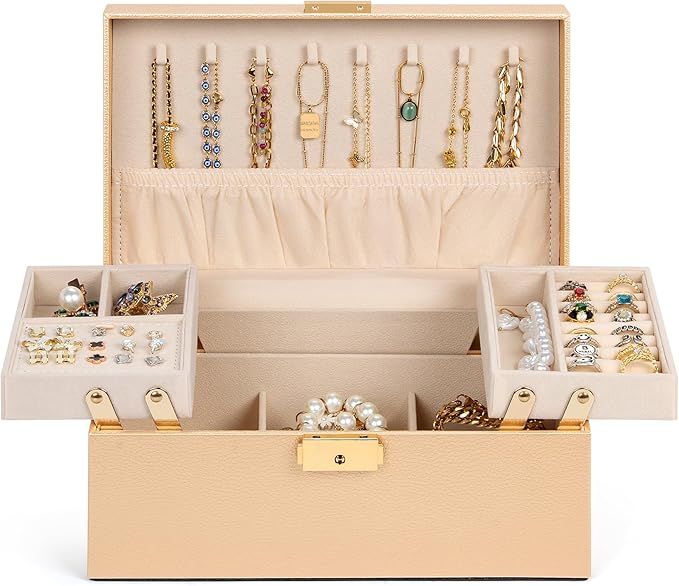 AKOZLIN Travel Jewelry Box Organizer Functional 2-trays Leather Jewelry Storage Case with Lockable Portable for Women Girls Ring Necklace Earring Bracelet Champagne