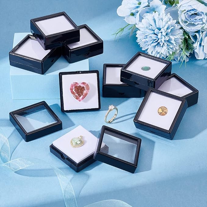 BENECREAT 12PCS Black Gemstone Display Box, Square Acrylic Diamond Jewellery Tray Box Container with Clear Lids and Sponge for Gems, Stone, Pendants, Crystal