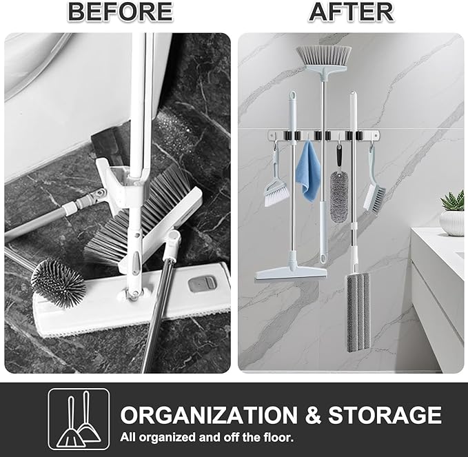 HANZENMA Broom Holder Wall Mount, Broom Organizer Wall Mount Stainless Steel Broom and Mop Hanger Heavy Duty Storage Organization for Home Kitchen Garden Garage Room 3 Racks 4 Hooks Black