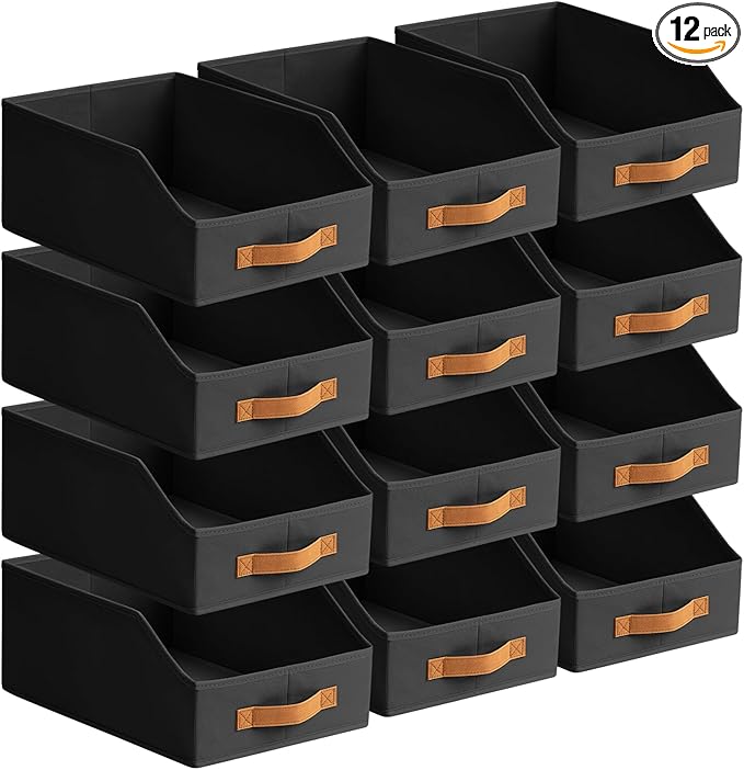 Homsorout Fabric Storage Bins for Organizing - 12 Pack Large Trapezoid Collapsible Storage Bins with Front Handle, Closet Organizers and Storage for Bedroom, Home Shelves, Small Spaces, Black