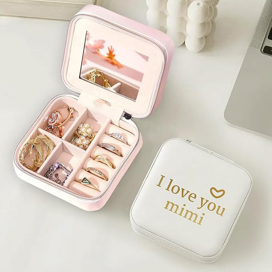 COLLECTIVE HOME - Travel Jewelry Case, Elegant Square Design with Heartfelt Message, Built-in Mirror, Personalized Mother's Day Gift Organizer for Rings, Necklaces, and More (I love you mimi)