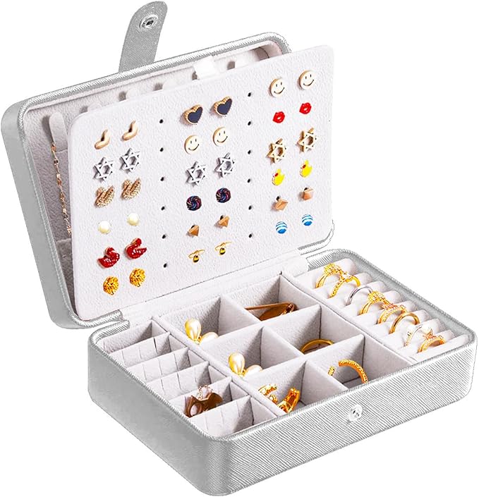 QBestry All-in-One Travel Jewelry Organizer for Women Silver | Small Jewelry Box with 68 Earring Holes | Compact Portable Jewelry Case for Earrings, Rings, Necklaces | Perfect Gifts for Mom Wife Girls