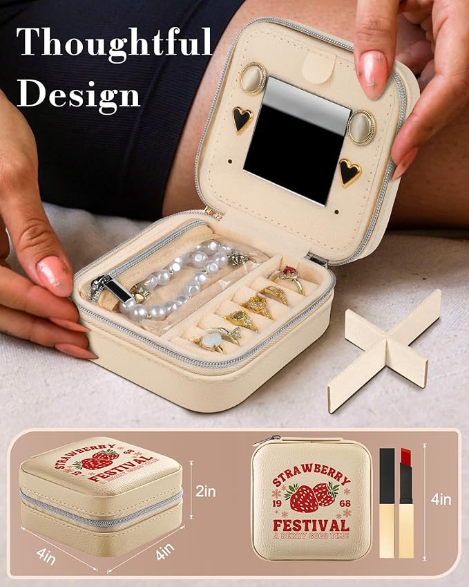 Bistup Travel Jewelry Case - Small Jewelry Organizers and Storage Box for Women Girls Teens Cute Traveling Jewelry Holder with Mirror Little Tiny Compact Strawberry Modern Unique Aesthetic Pretty